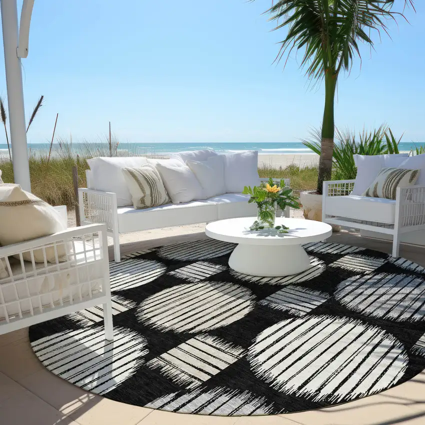 8' Black Gray And Ivory Round Geometric Washable Indoor Outdoor Area Rug Photo 7