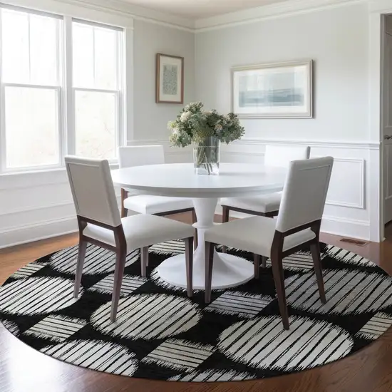 8' Black Gray And Ivory Round Geometric Washable Indoor Outdoor Area Rug Photo 8