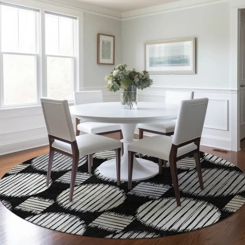 8' Black Gray And Ivory Round Geometric Washable Indoor Outdoor Area Rug Photo 8