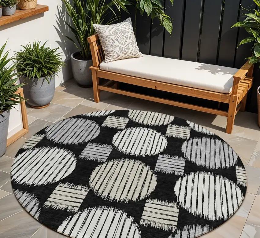 8' Black Gray And Ivory Round Geometric Washable Indoor Outdoor Area Rug Photo 1