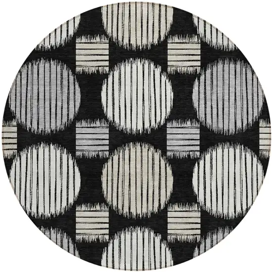 8' Black Gray And Ivory Round Geometric Washable Indoor Outdoor Area Rug Photo 2