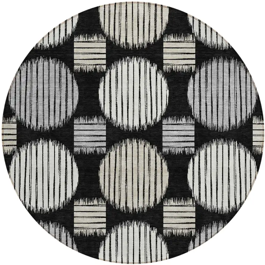 8' Black Gray And Ivory Round Geometric Washable Indoor Outdoor Area Rug Photo 2