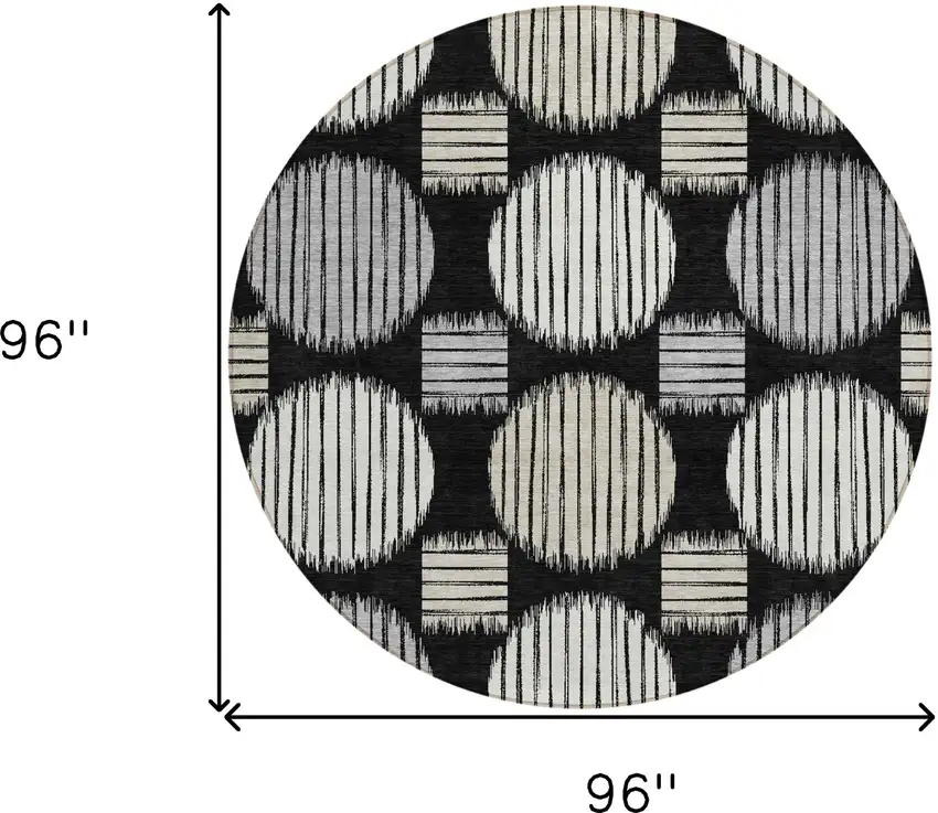 8' Black Gray And Ivory Round Geometric Washable Indoor Outdoor Area Rug Photo 3
