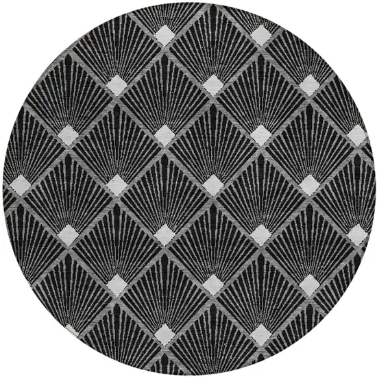 8' Black Gray And Ivory Round Geometric Washable Indoor Outdoor Area Rug Photo 2