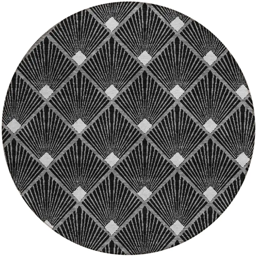 8' Black Gray And Ivory Round Geometric Washable Indoor Outdoor Area Rug Photo 2