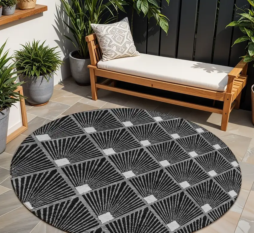 8' Black Gray And Ivory Round Geometric Washable Indoor Outdoor Area Rug Photo 1