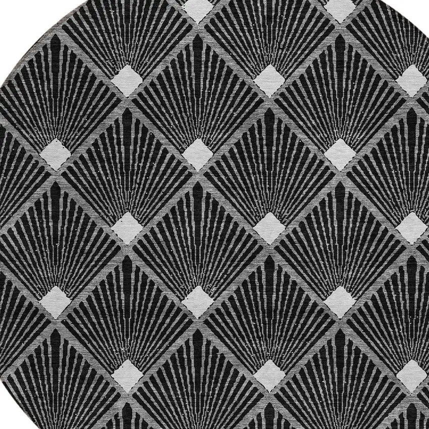 8' Black Gray And Ivory Round Geometric Washable Indoor Outdoor Area Rug Photo 4