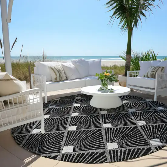 8' Black Gray And Ivory Round Geometric Washable Indoor Outdoor Area Rug Photo 6
