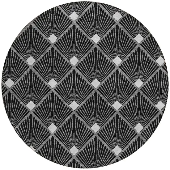 8' Black Gray And Ivory Round Geometric Washable Indoor Outdoor Area Rug Photo 5