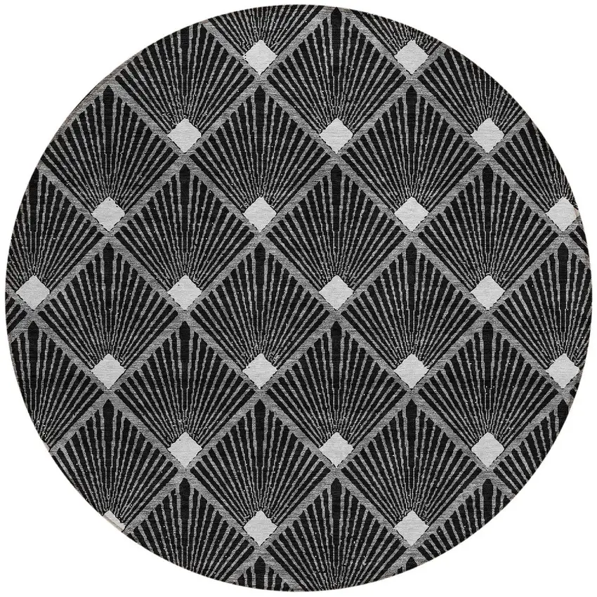 8' Black Gray And Ivory Round Geometric Washable Indoor Outdoor Area Rug Photo 5