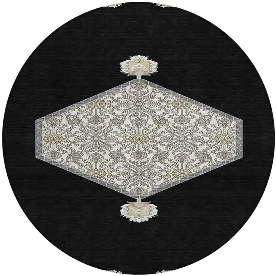 8' Black Gray And Ivory Round Oriental Washable Indoor Outdoor Area Rug Photo 2