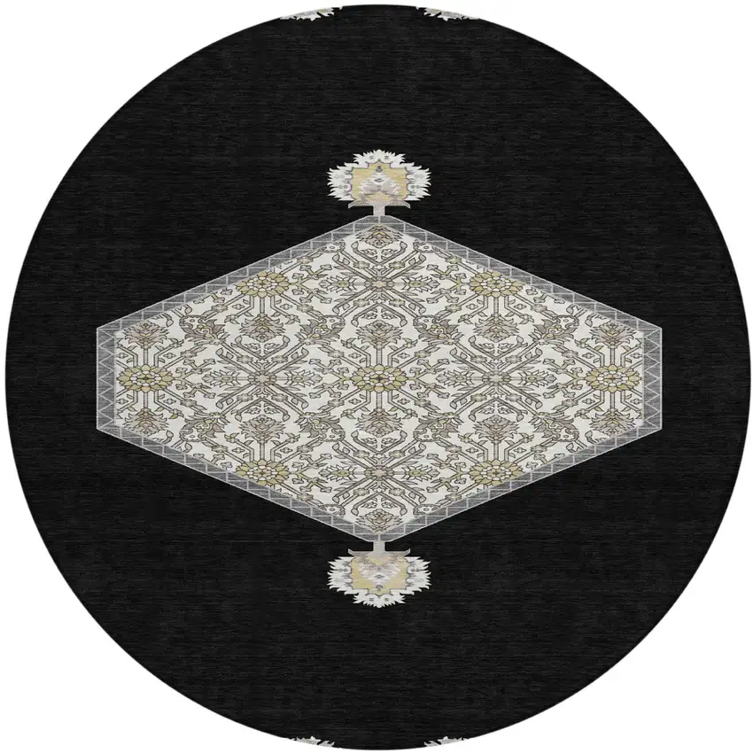 8' Black Gray And Ivory Round Oriental Washable Indoor Outdoor Area Rug Photo 2