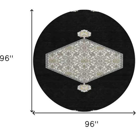 8' Black Gray And Ivory Round Oriental Washable Indoor Outdoor Area Rug Photo 3