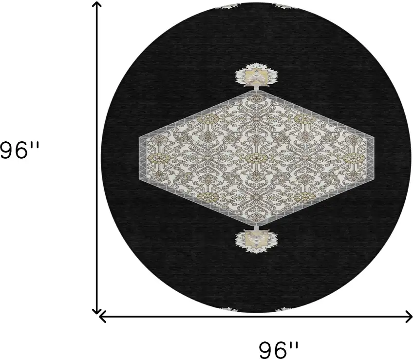 8' Black Gray And Ivory Round Oriental Washable Indoor Outdoor Area Rug Photo 3