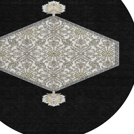 8' Black Gray And Ivory Round Oriental Washable Indoor Outdoor Area Rug Photo 5