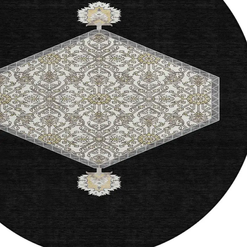 8' Black Gray And Ivory Round Oriental Washable Indoor Outdoor Area Rug Photo 5