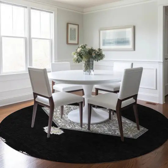8' Black Gray And Ivory Round Oriental Washable Indoor Outdoor Area Rug Photo 8