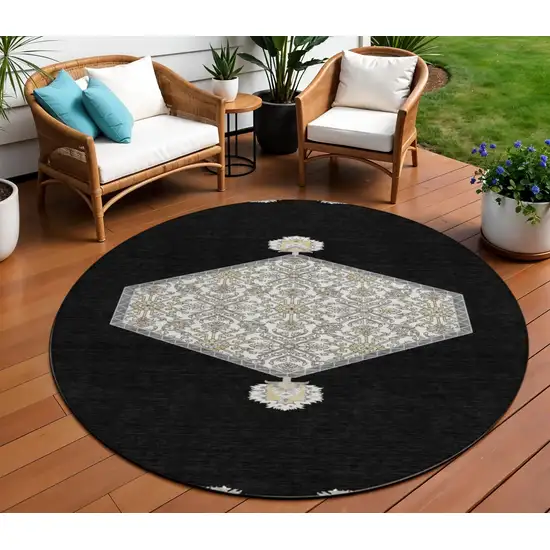 8' Black Gray And Ivory Round Oriental Washable Indoor Outdoor Area Rug Photo 1