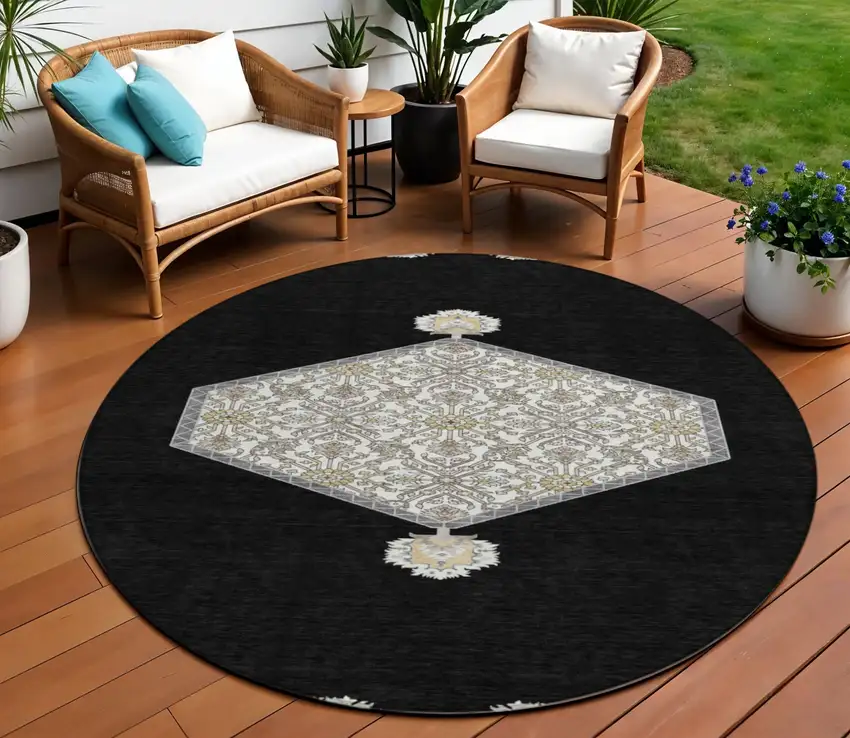 8' Black Gray And Ivory Round Oriental Washable Indoor Outdoor Area Rug Photo 1