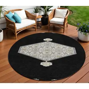 Photo of 8' Black Gray And Ivory Round Oriental Washable Indoor Outdoor Area Rug