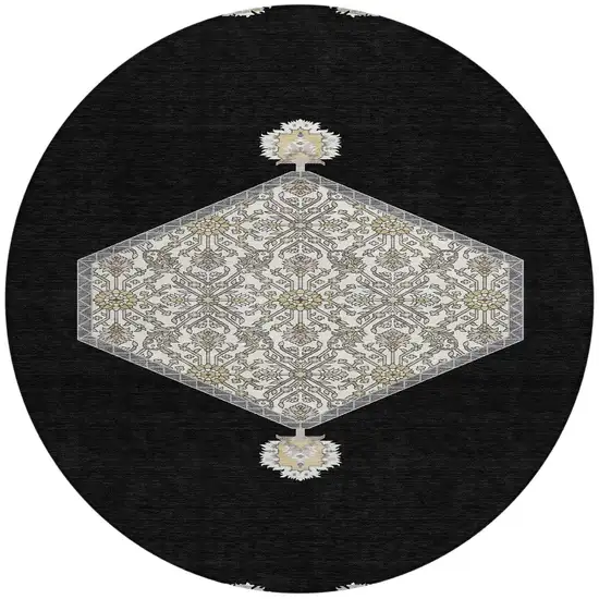 8' Black Gray And Ivory Round Oriental Washable Indoor Outdoor Area Rug Photo 6