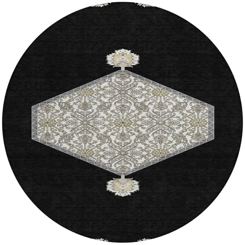8' Black Gray And Ivory Round Oriental Washable Indoor Outdoor Area Rug Photo 6