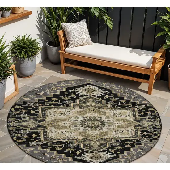 8' Black Gray And Ivory Round Oriental Washable Indoor Outdoor Area Rug Photo 1
