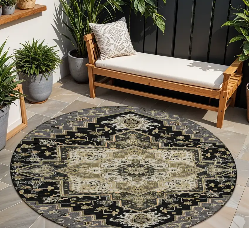 8' Black Gray And Ivory Round Oriental Washable Indoor Outdoor Area Rug Photo 1