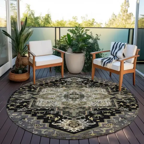 8' Black Gray And Ivory Round Oriental Washable Indoor Outdoor Area Rug Photo 7