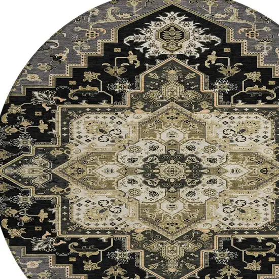 8' Black Gray And Ivory Round Oriental Washable Indoor Outdoor Area Rug Photo 4