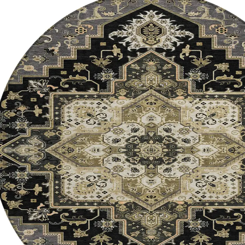 8' Black Gray And Ivory Round Oriental Washable Indoor Outdoor Area Rug Photo 4
