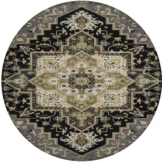 8' Black Gray And Ivory Round Oriental Washable Indoor Outdoor Area Rug Photo 6