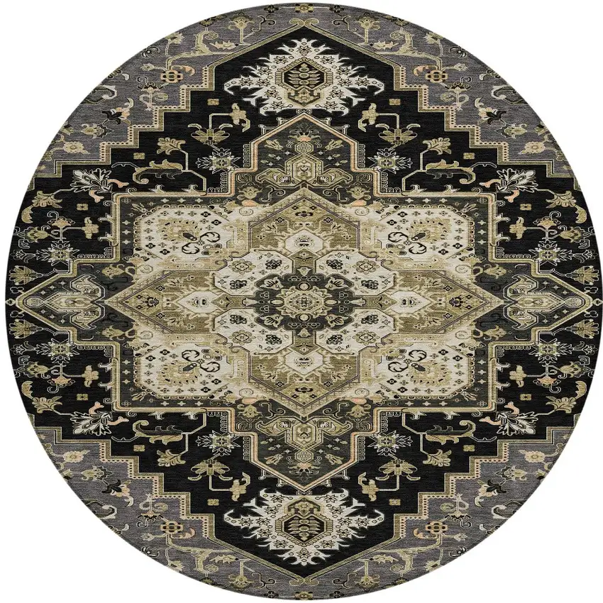 8' Black Gray And Ivory Round Oriental Washable Indoor Outdoor Area Rug Photo 6