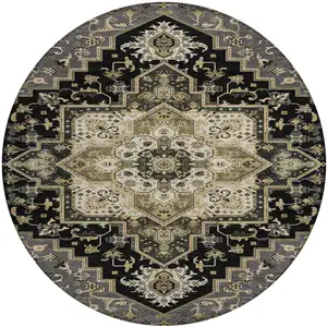 Photo of 8' Black Gray And Ivory Round Oriental Washable Indoor Outdoor Area Rug