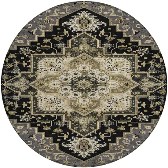 8' Black Gray And Ivory Round Oriental Washable Indoor Outdoor Area Rug Photo 2