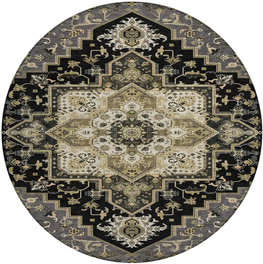 8' Black Gray And Ivory Round Oriental Washable Indoor Outdoor Area Rug Photo 2