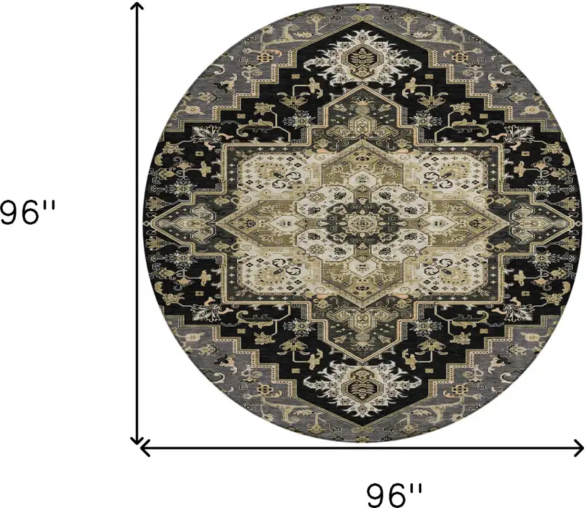 8' Black Gray And Ivory Round Oriental Washable Indoor Outdoor Area Rug Photo 3