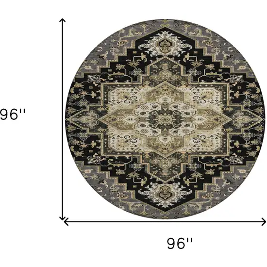 8' Black Gray And Ivory Round Oriental Washable Indoor Outdoor Area Rug Photo 3