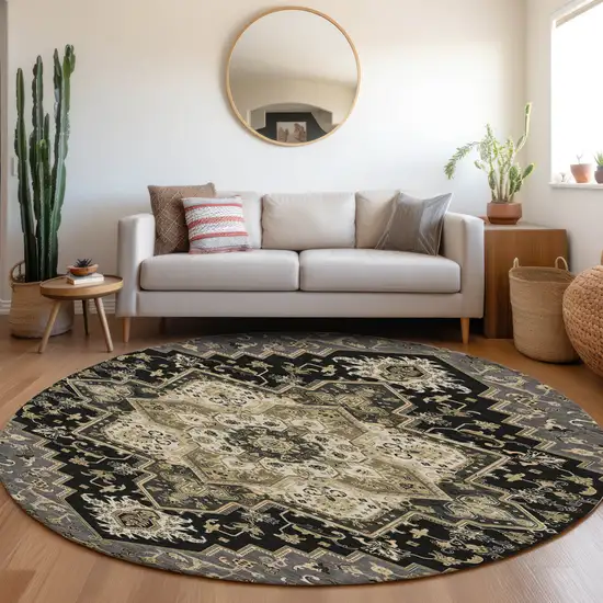 8' Black Gray And Ivory Round Oriental Washable Indoor Outdoor Area Rug Photo 8