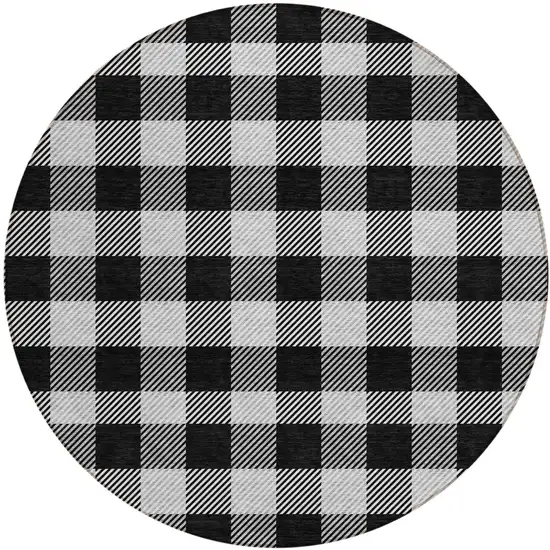 8' Black Gray And Ivory Round Plaid Washable Indoor Outdoor Area Rug Photo 2