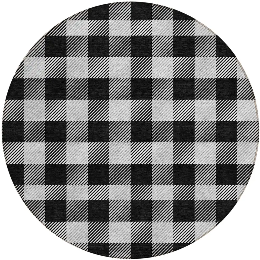 8' Black Gray And Ivory Round Plaid Washable Indoor Outdoor Area Rug Photo 2