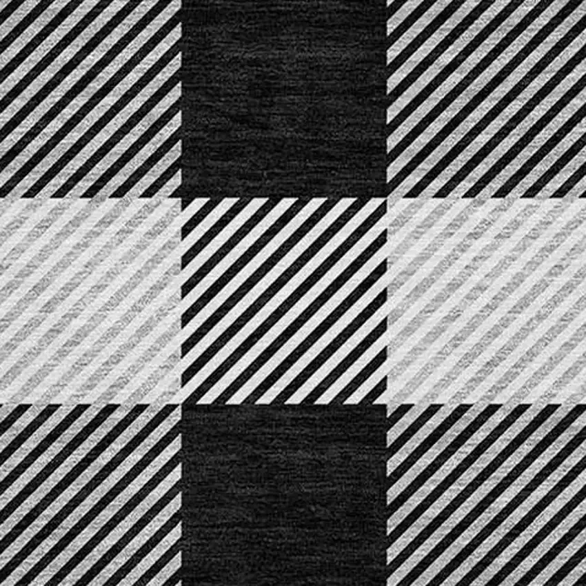 8' Black Gray And Ivory Round Plaid Washable Indoor Outdoor Area Rug Photo 5