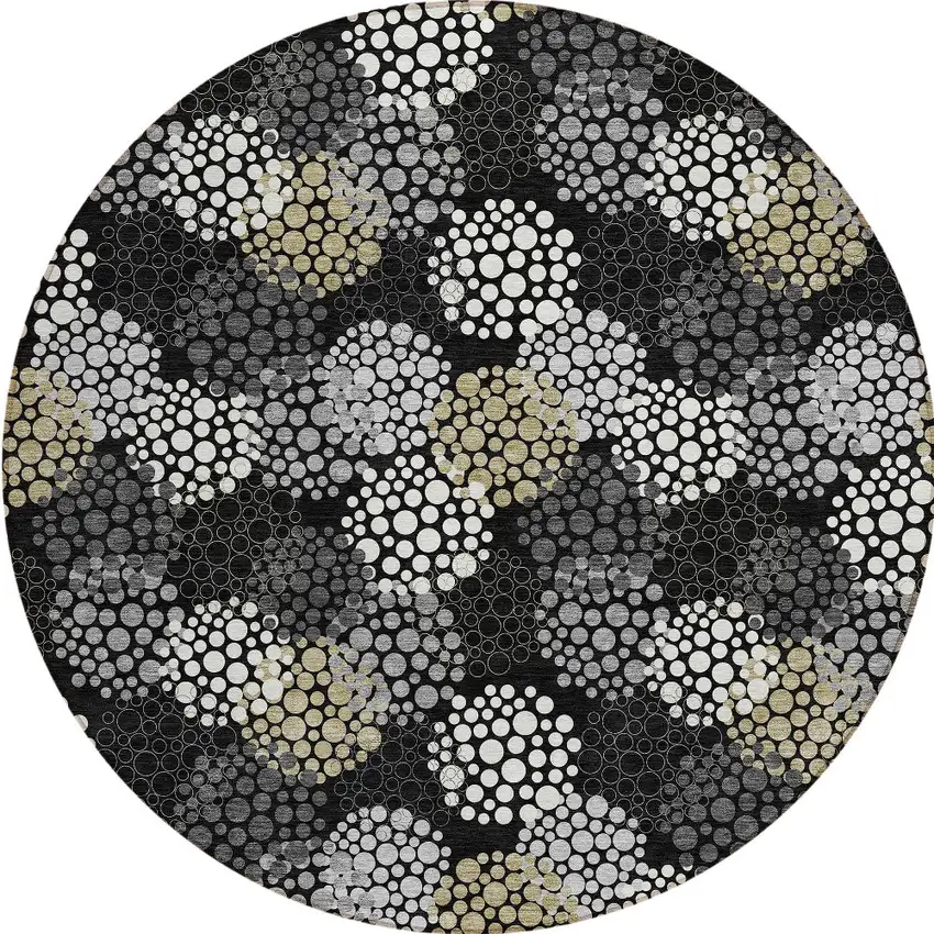 8' Black Gray And Ivory Round Polka Dot Washable Indoor Outdoor Area Rug Photo 6