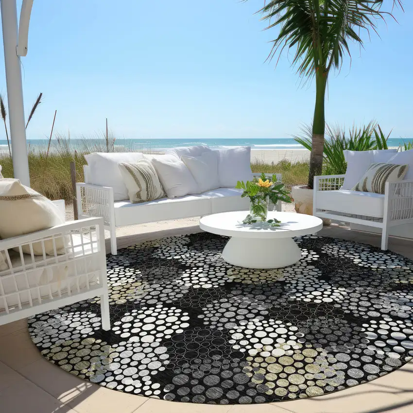 8' Black Gray And Ivory Round Polka Dot Washable Indoor Outdoor Area Rug Photo 7