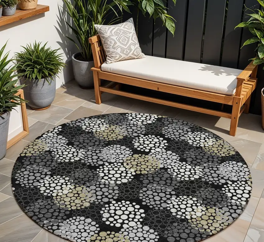 8' Black Gray And Ivory Round Polka Dot Washable Indoor Outdoor Area Rug Photo 1