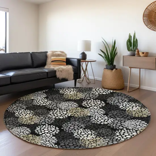 8' Black Gray And Ivory Round Polka Dot Washable Indoor Outdoor Area Rug Photo 8