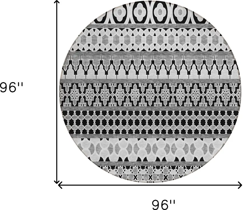 8' Black Gray And Ivory Round Quatrefoil Washable Indoor Outdoor Area Rug Photo 9