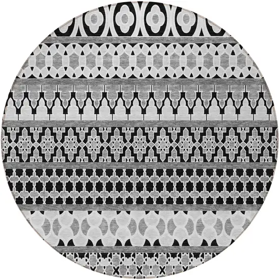 8' Black Gray And Ivory Round Quatrefoil Washable Indoor Outdoor Area Rug Photo 5