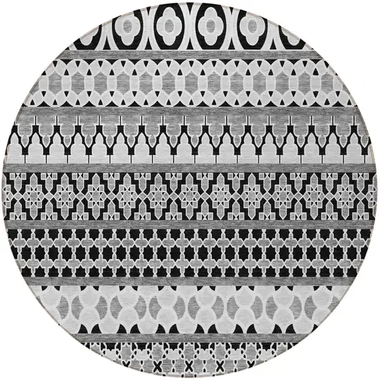 8' Black Gray And Ivory Round Quatrefoil Washable Indoor Outdoor Area Rug Photo 5
