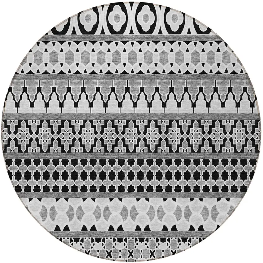 8' Black Gray And Ivory Round Quatrefoil Washable Indoor Outdoor Area Rug Photo 5